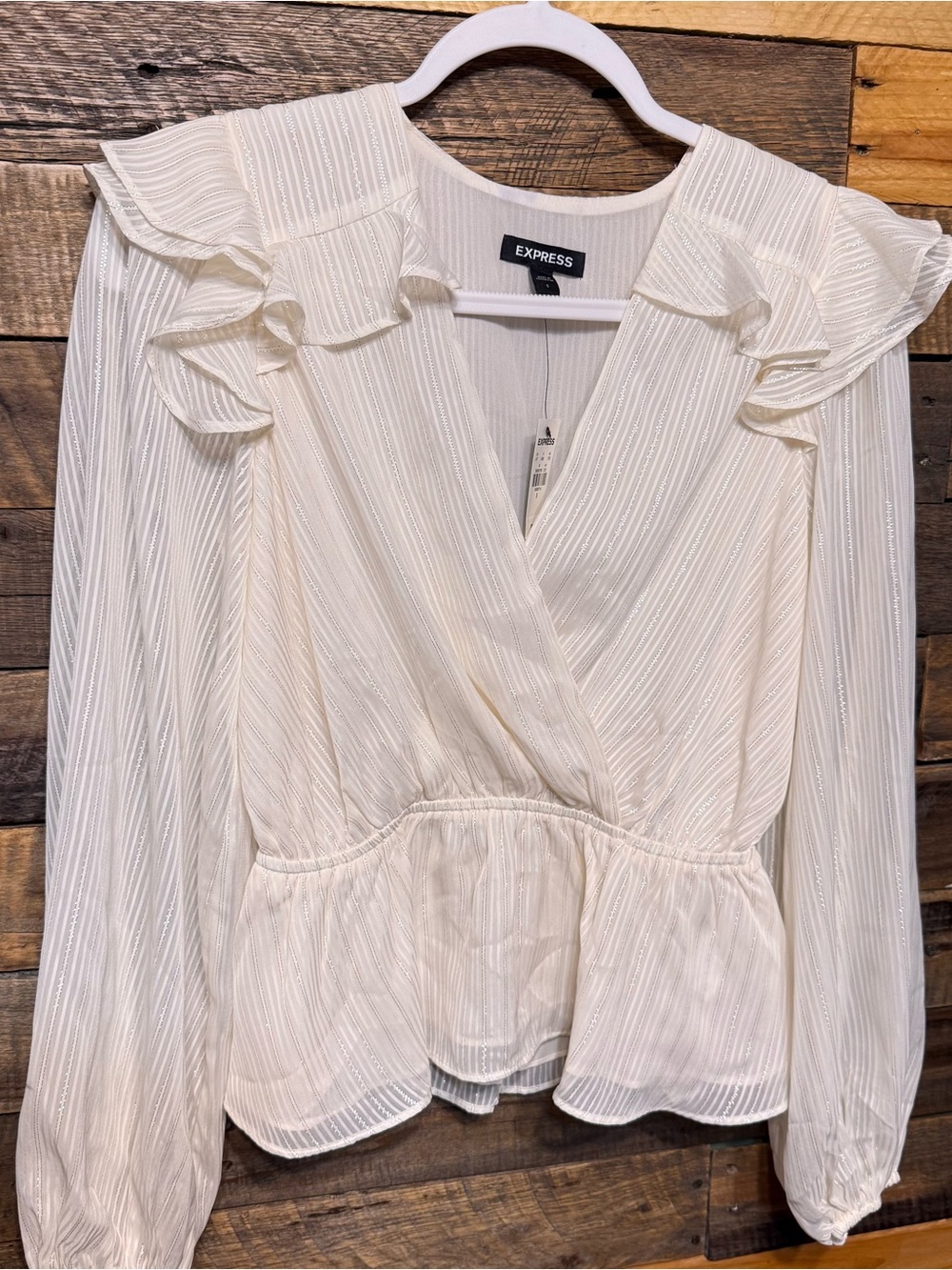 NWT Express Small Ivory Silver Metallic Weave Ruffle Faux Wrap Top Blouse